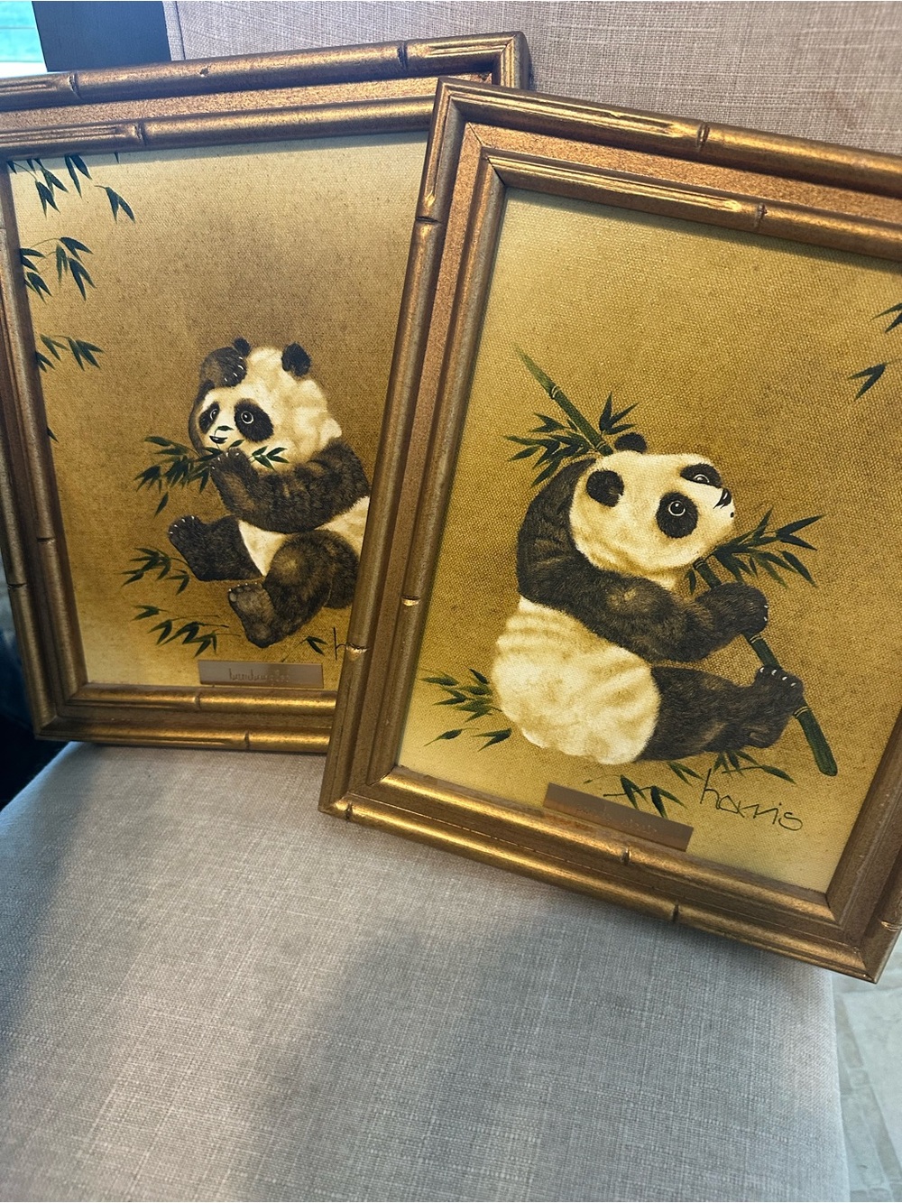Vintage Panda Painting artist signed Bamboo Art Prints in Gold Frames